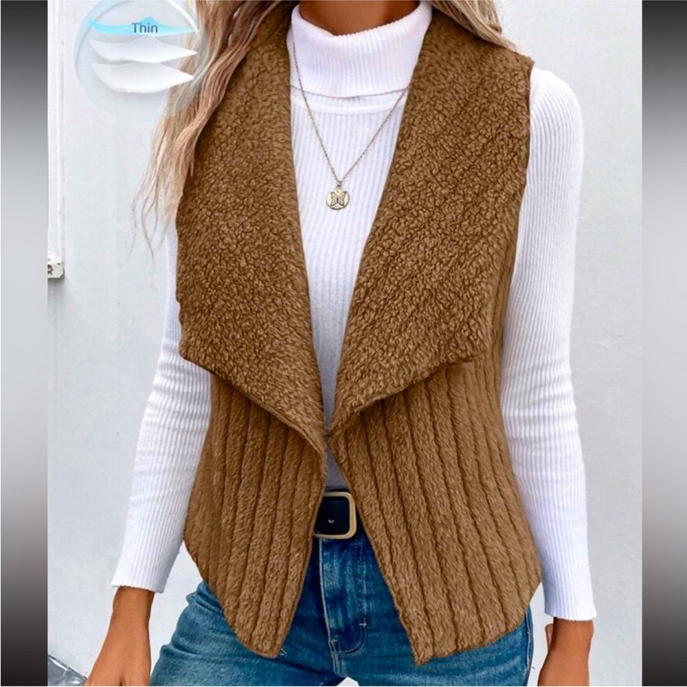 Khaki Brown Fleece Waterfall Vest NEW 🏷️